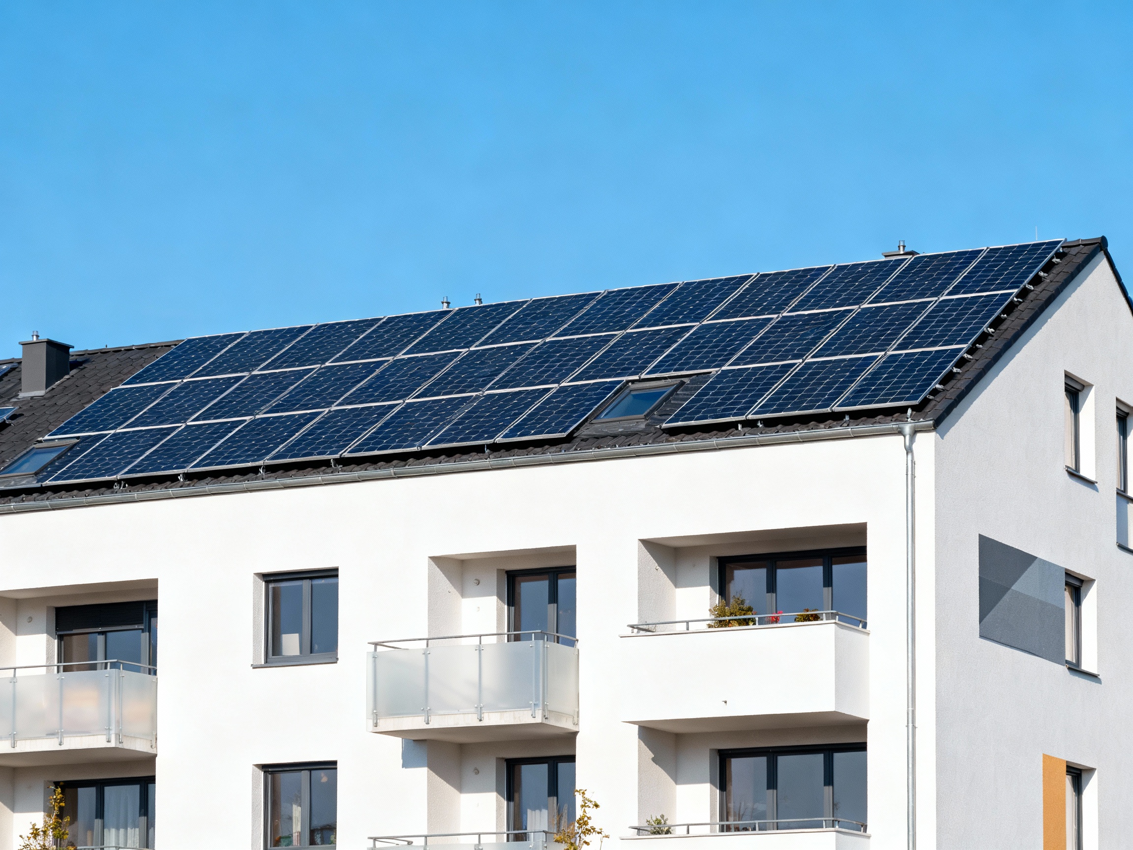 Placas solares instaladas en el tejado de un edificio de apartamentos para autoconsumo compartido