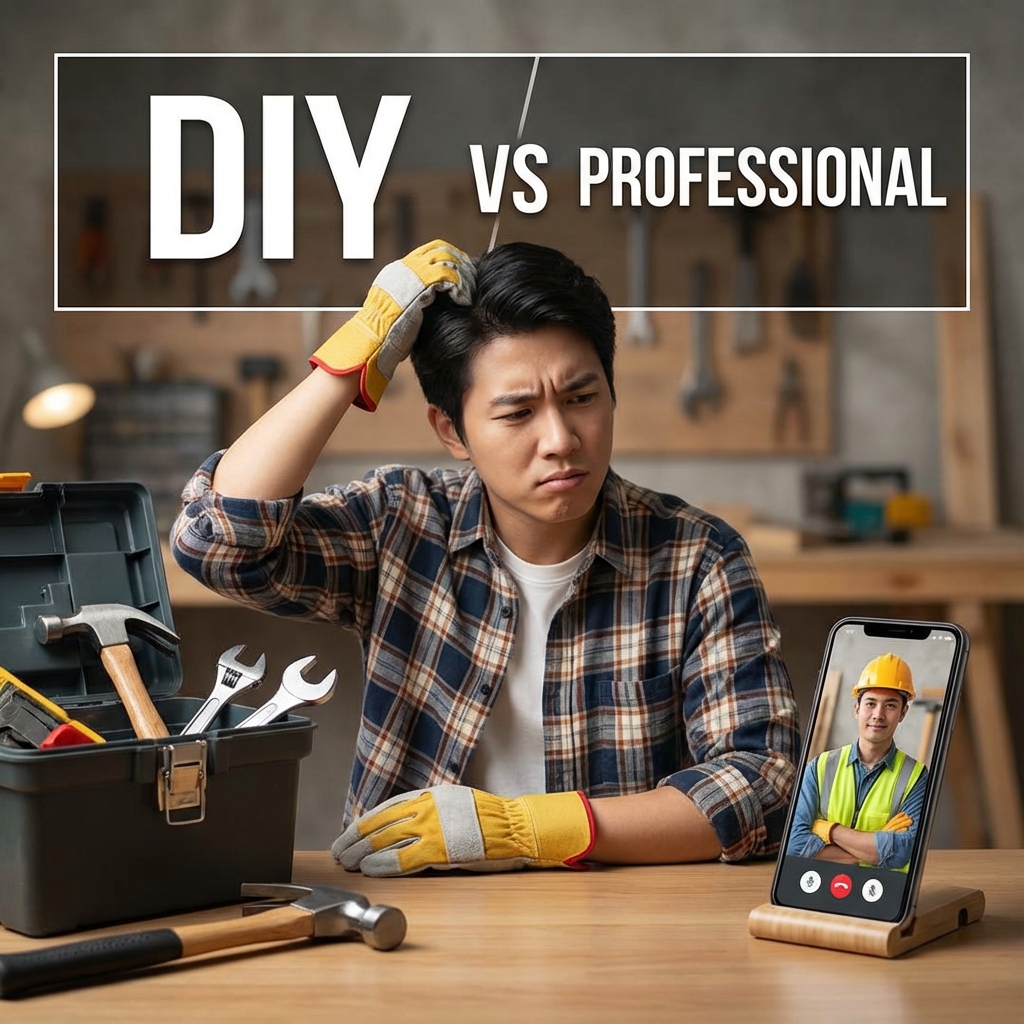 Persona dudando entre caja de herramientas y teléfono de instalador