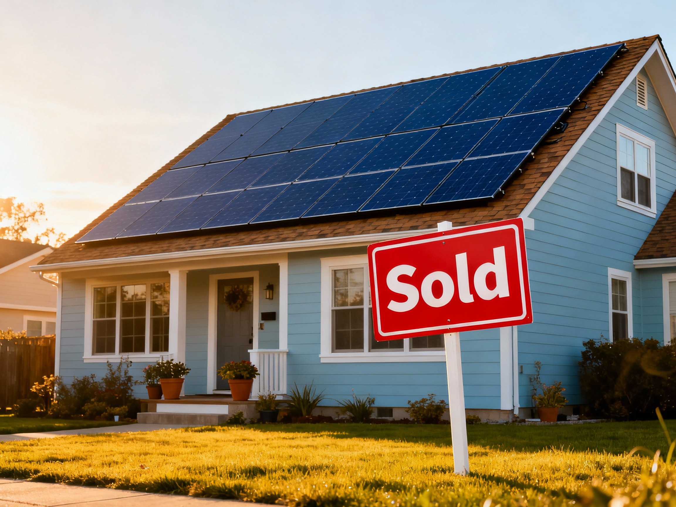 Casa con paneles solares y cartel de vendido