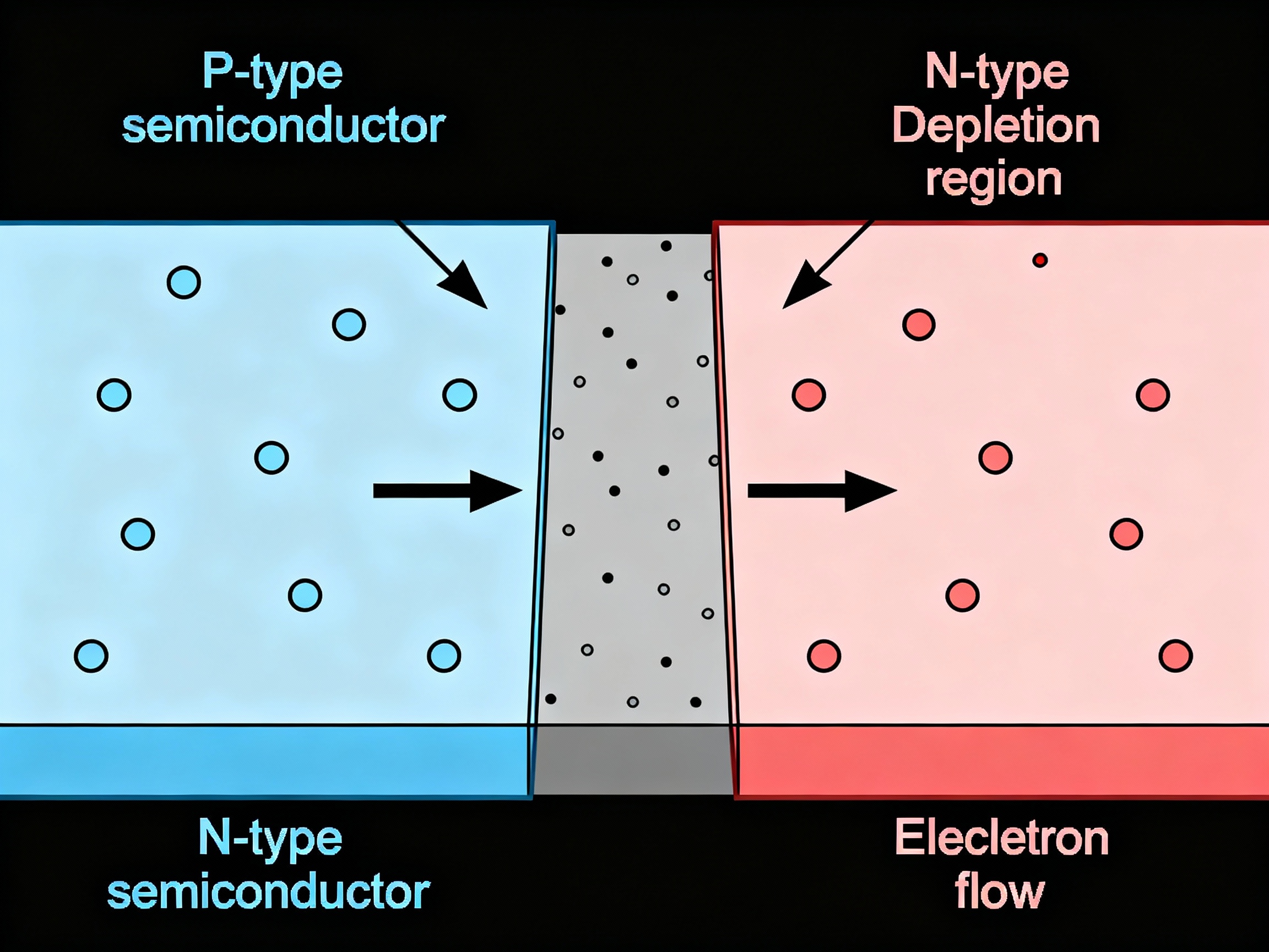 Diagrama esquemático de una celda solar mostrando la capa P, la capa N, el campo eléctrico y el movimiento de electrones.